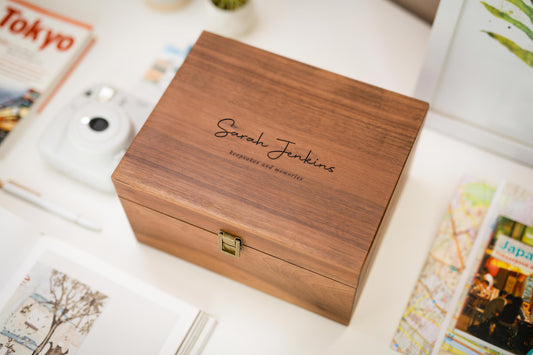 Wood Storage Box w/ Hinge Lid (D6) - Engraved Keepsake Memory Box for Photos Cards, Retirement College Commemorative Graduation BFF Gifts