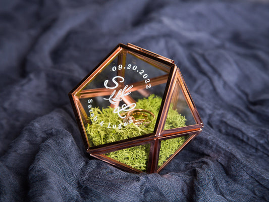 Geometric Glass Ring Box with Moss - Rose Gold or Gold - Personalized Ring Box for Wedding Ceremony Ring Bearer Pillow Alternative Her Gift