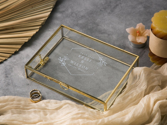 5x7" Gold Glass Photo Box - Optional Photo Mats, Picture Keepsake Box, Box for Engagement Wedding Photography, Gift for Groom Bride Couples