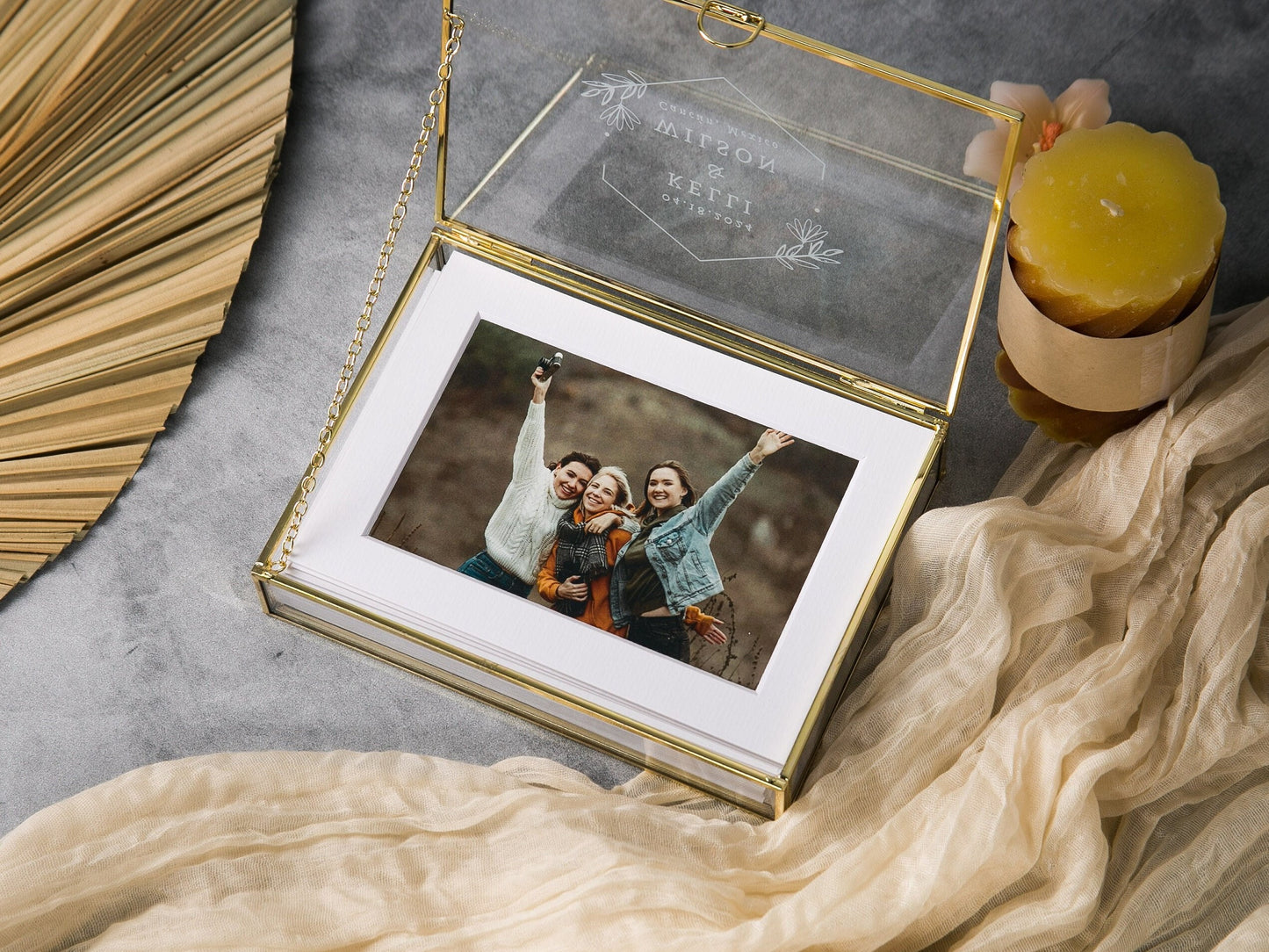 5x7" Gold Glass Photo Box - Optional Photo Mats, Picture Keepsake Box, Box for Engagement Wedding Photography, Gift for Groom Bride Couples