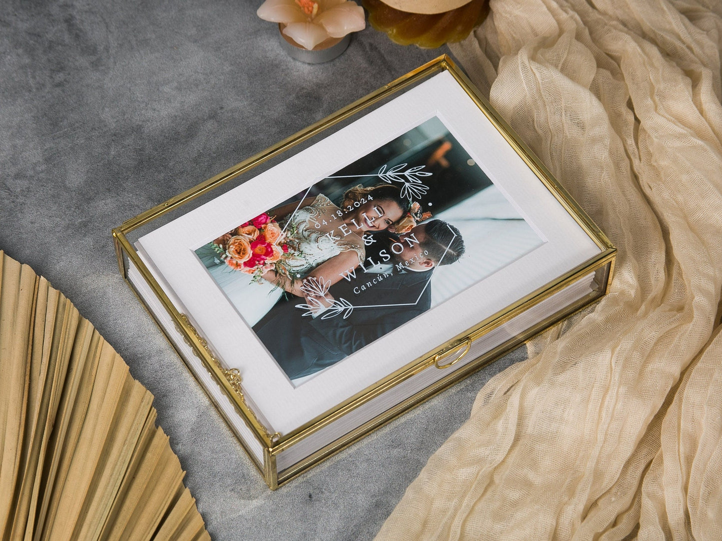 5x7" Gold Glass Photo Box - Optional Photo Mats, Picture Keepsake Box, Box for Engagement Wedding Photography, Gift for Groom Bride Couples