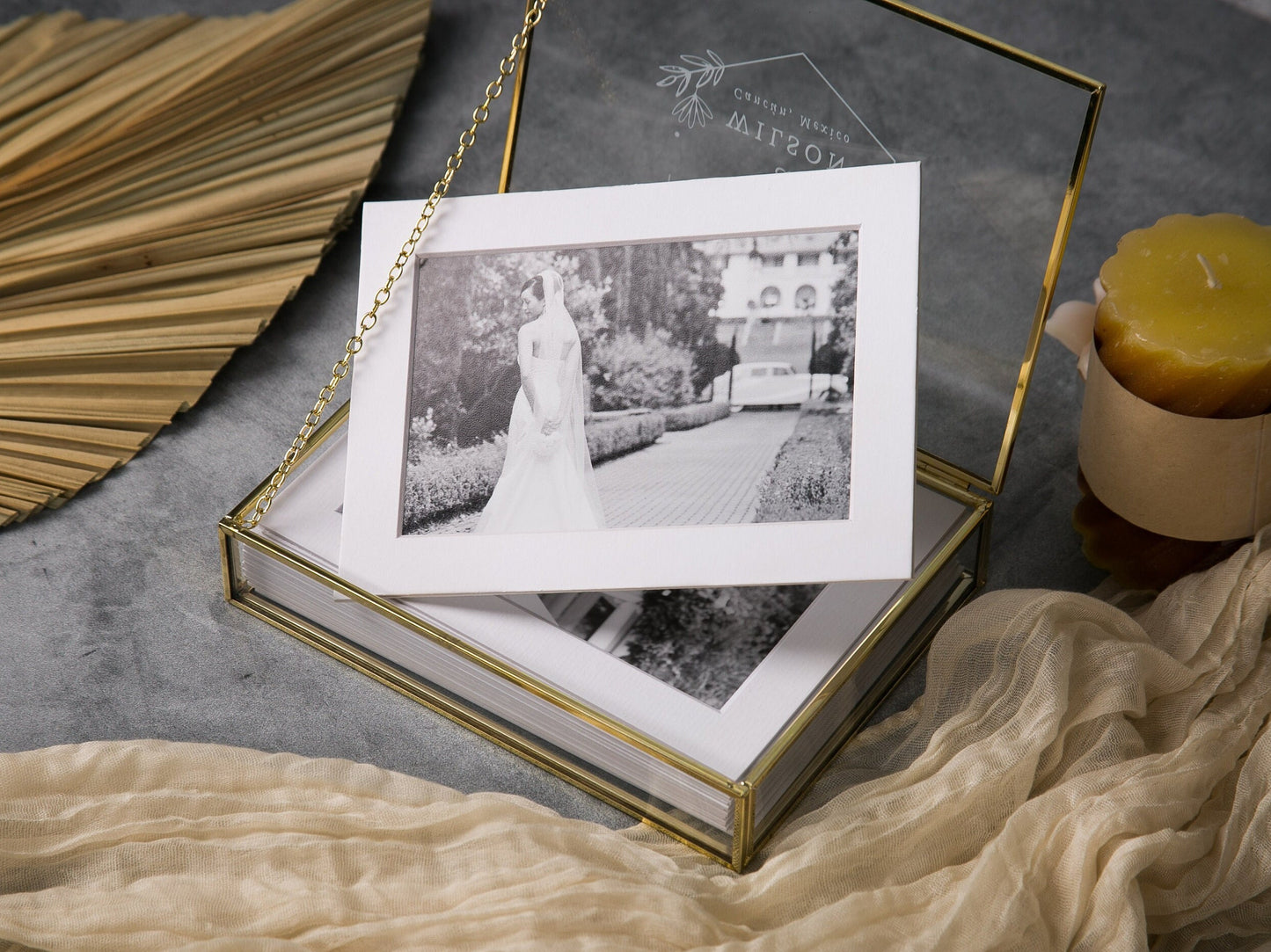 5x7" Gold Glass Photo Box - Optional Photo Mats, Picture Keepsake Box, Box for Engagement Wedding Photography, Gift for Groom Bride Couples