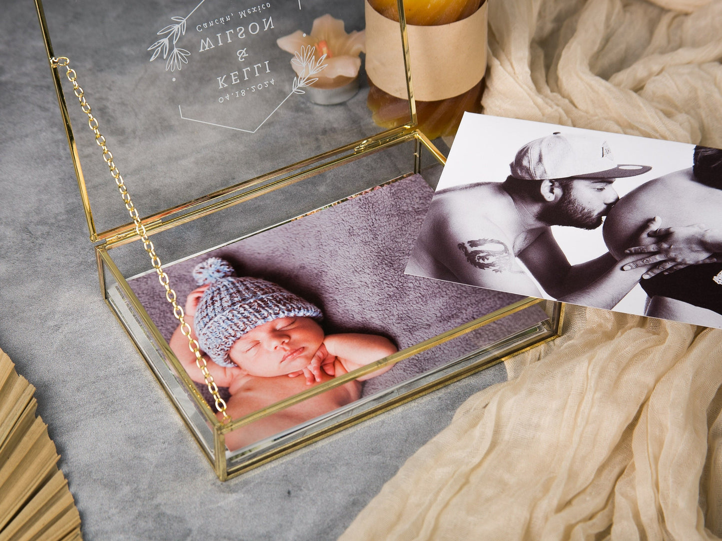 5x7" Gold Glass Photo Box - Optional Photo Mats, Picture Keepsake Box, Box for Engagement Wedding Photography, Gift for Groom Bride Couples