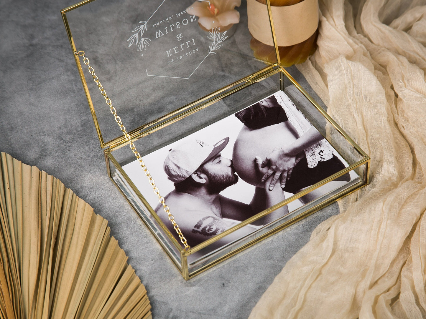 5x7" Gold Glass Photo Box - Optional Photo Mats, Picture Keepsake Box, Box for Engagement Wedding Photography, Gift for Groom Bride Couples