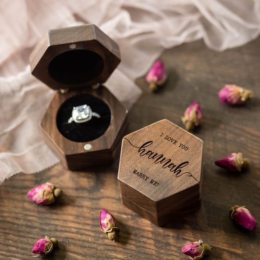Hexagon Mini Flip Wood Ring Box - Engraved Engagement Ring Box, Single Ring Slot Storage, Proposal Box, Wedding Ring Box, Gift For Her