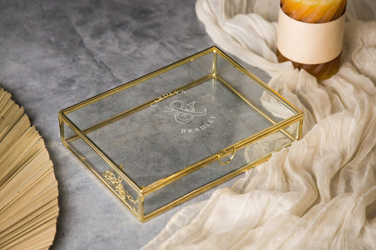 5x7" Gold Glass Photo Box - Wedding Picture Keepsake Box, Engagement Romantic Gift for Newlywed Couple Husband Wife, Honeymoon Gift