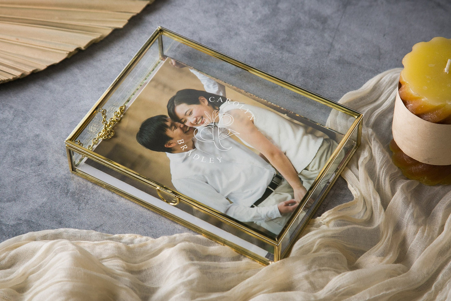 5x7" Gold Glass Photo Box - Wedding Picture Keepsake Box, Engagement Romantic Gift for Newlywed Couple Husband Wife, Honeymoon Gift
