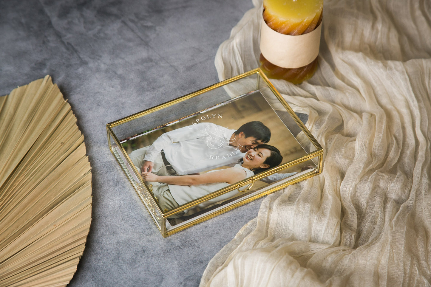 5x7" Gold Glass Photo Box - Wedding Picture Keepsake Box, Engagement Romantic Gift for Newlywed Couple Husband Wife, Honeymoon Gift