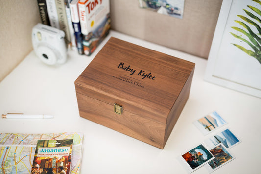 Wood Storage Box w/ Hinge Lid (D4) - Engraved Keepsake Memory Box Photos Letters Cards for Baby, New Mom and Dad Gifts, Baby Shower Card Box