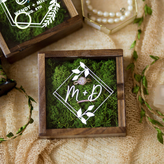 Square Ring Bearer Box with Clear Lid and Moss - Rustic Wedding Ceremony Ring Pillow Alternative | Ring Display Decor | Photography Prop