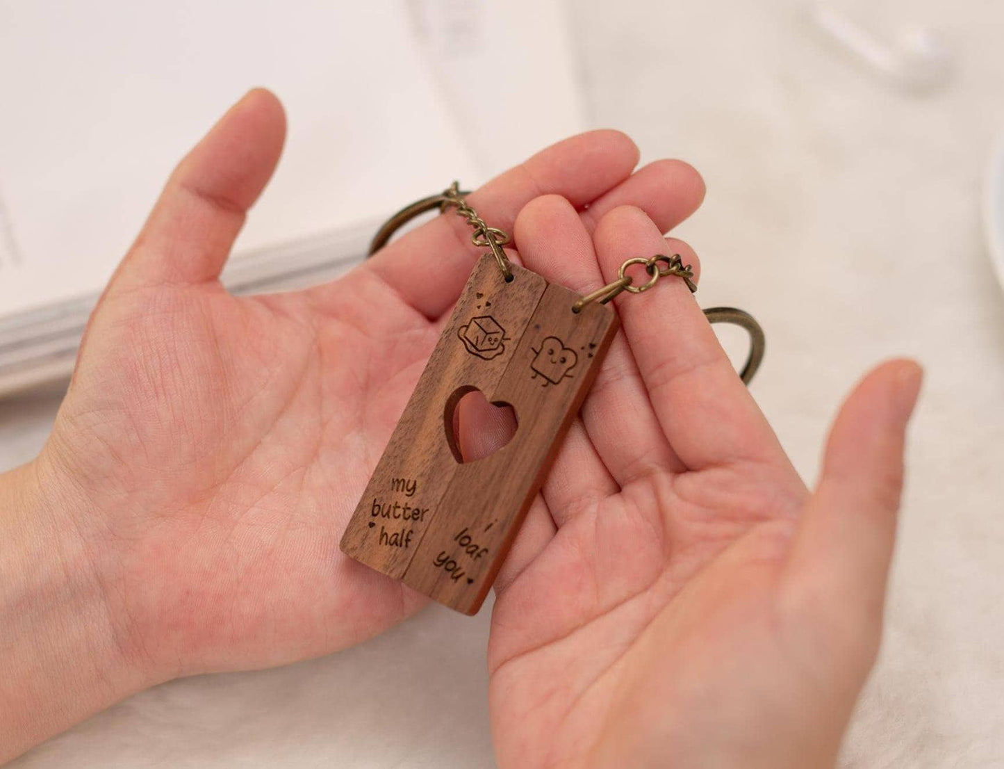 Engraved Heart Keychain Sets - I Loaf You My Butter Half Matching Set of 2 Split Heart Wooden Key Rings with Magnets, Shareable Keychains