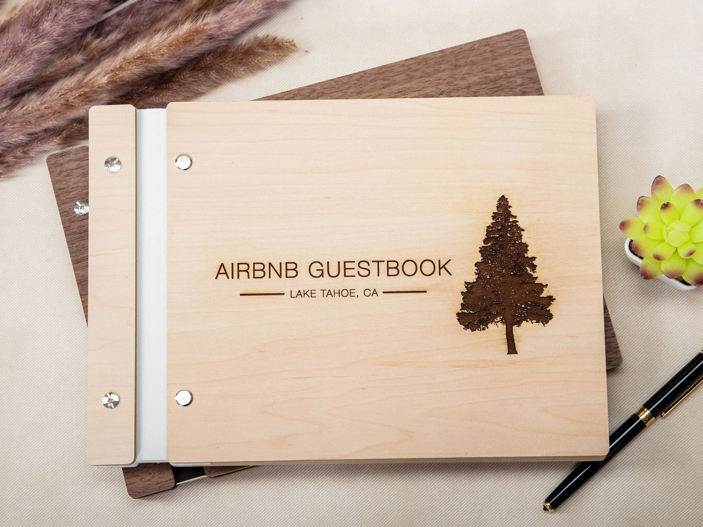 Engraved Premium Wood Guest Book with Tree Design - Vacation Airbnb Home Rental Essential Rustic Guest Journal Business Gift for Home Owners