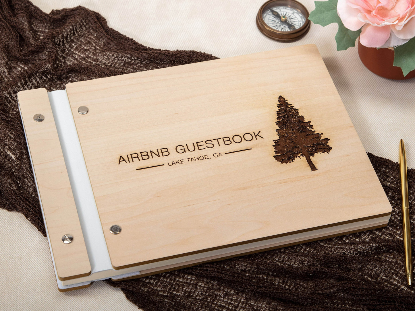 Engraved Premium Wood Guest Book with Tree Design - Vacation Airbnb Home Rental Essential Rustic Guest Journal Business Gift for Home Owners
