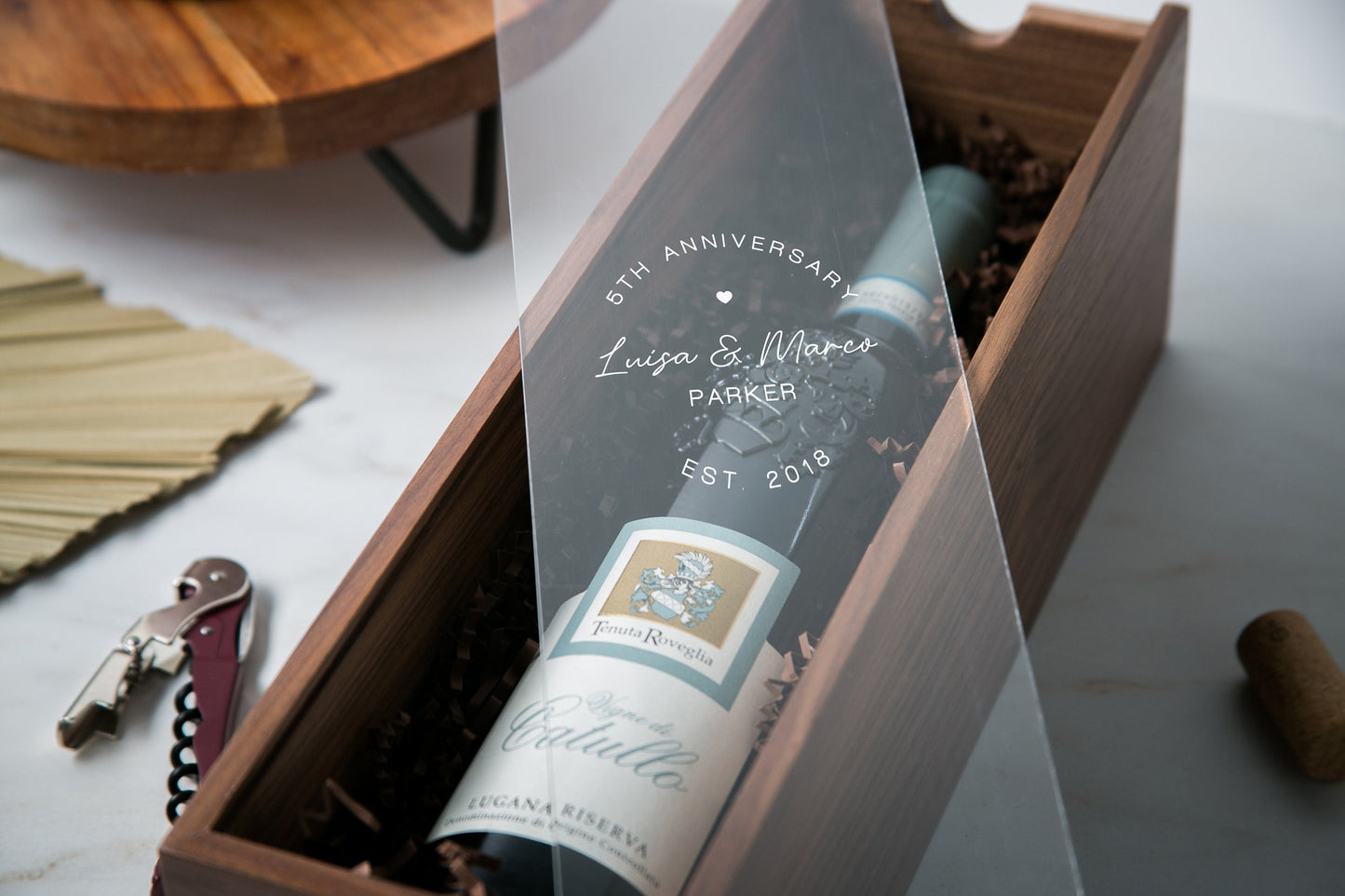 Acrylic Lid Wine Box (Design 5) - Personalized Champagne Box Congratulatory Romantic Gift for Couple Engagement Wedding Ceremony Anniversary