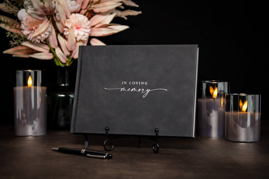 Funeral Guest Book (Design 2 - Ready To Ship) - Silver Embossed Black Guestbook w/ Pen & Photo Stickers Guest Registry for Memorial Service