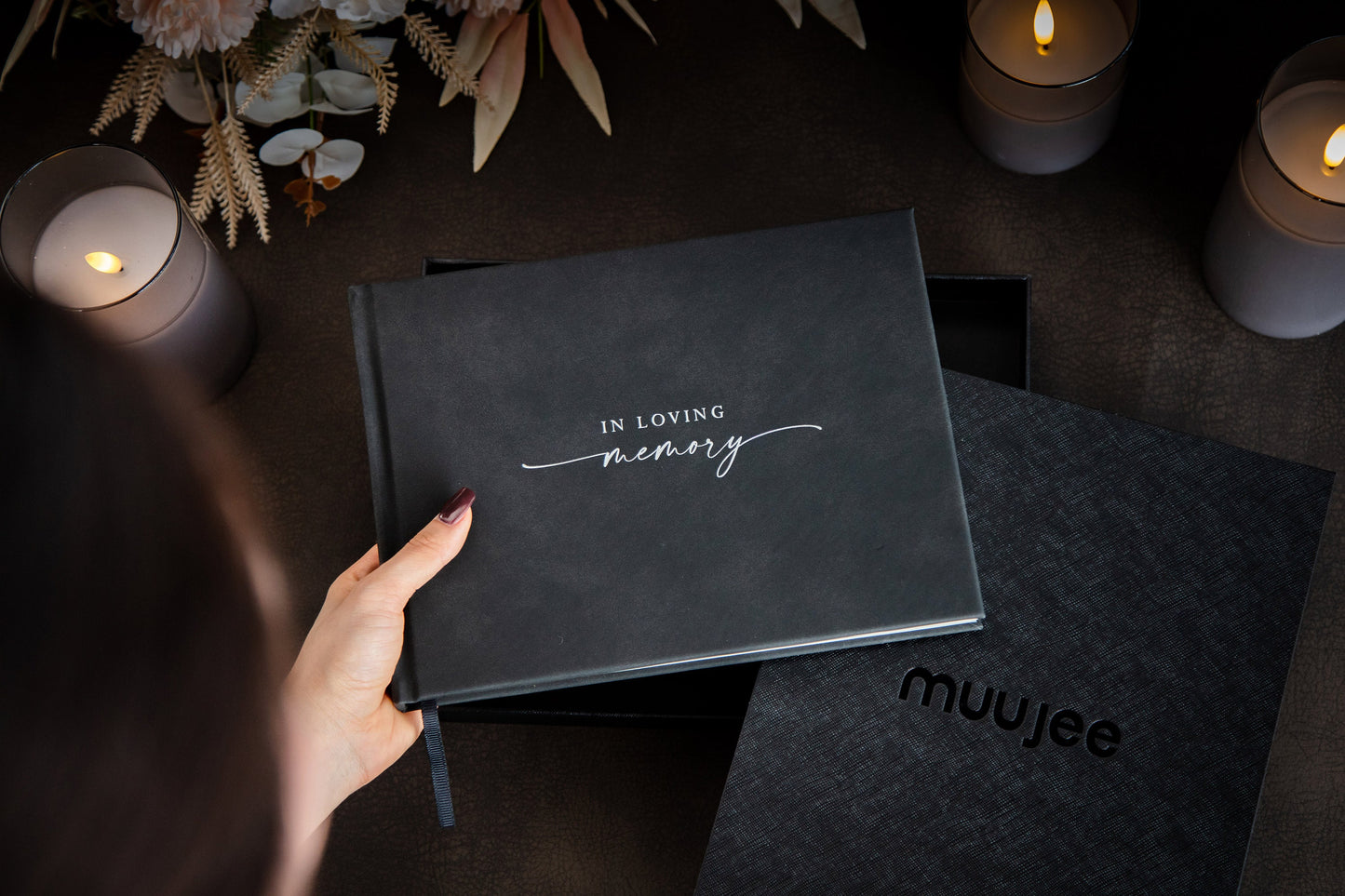 Funeral Guest Book (Design 2 - Ready To Ship) - Silver Embossed Black Guestbook w/ Pen & Photo Stickers Guest Registry for Memorial Service