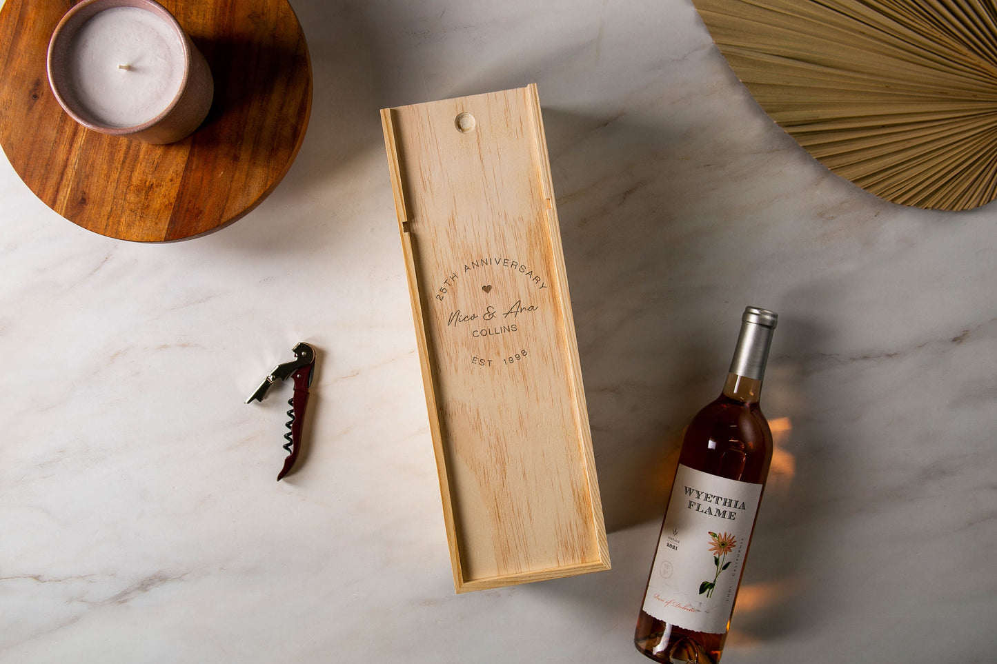 Wood Wine Box (Design 5) - Vertical 5th Wedding Anniversary Gift Box for Husband Wife Couple Wine Bottle Case for Teacher Appreciation