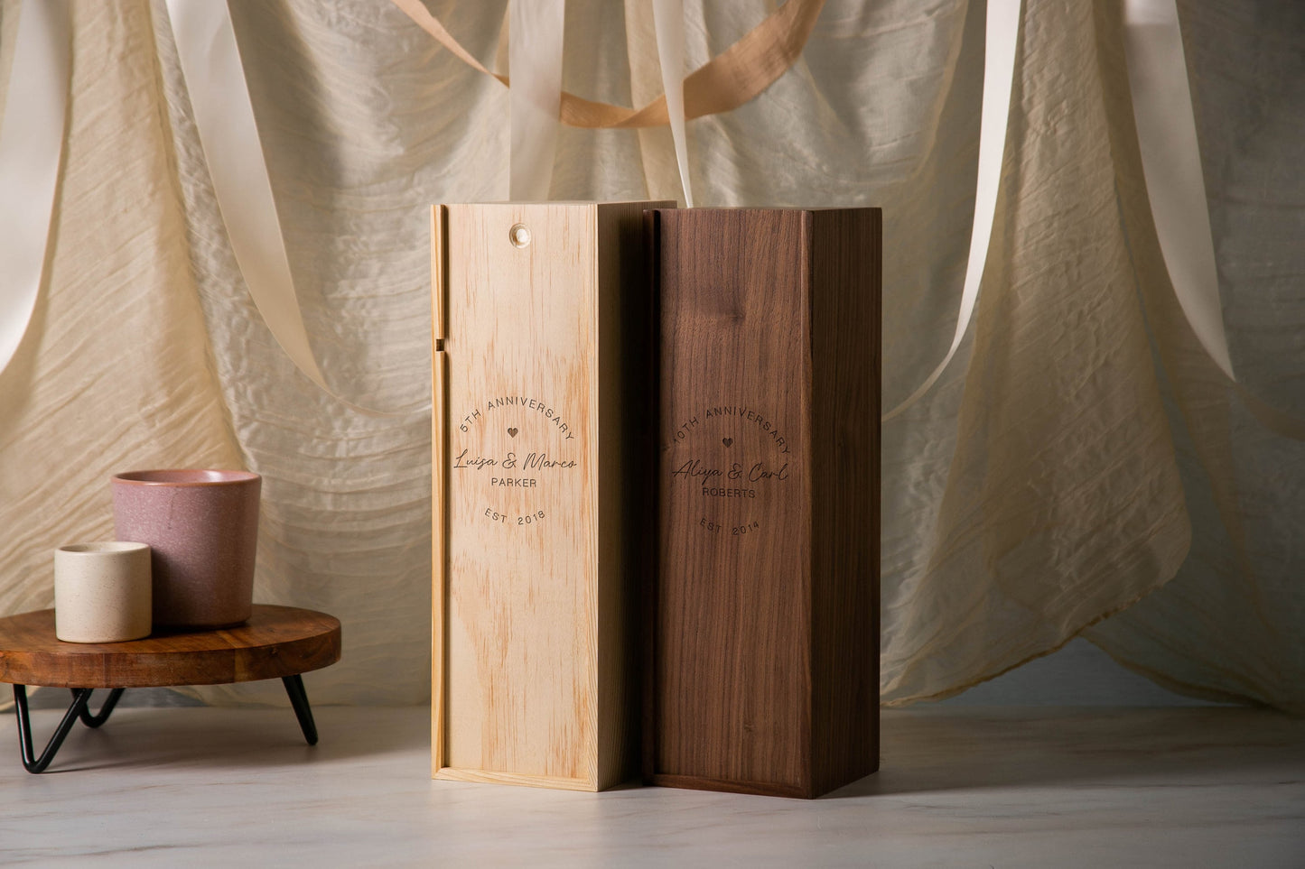Wood Wine Box (Design 5) - Vertical 5th Wedding Anniversary Gift Box for Husband Wife Couple Wine Bottle Case for Teacher Appreciation