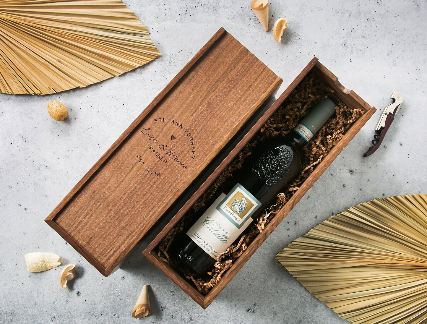 Wood Wine Box (Design 5) - Vertical 5th Wedding Anniversary Gift Box for Husband Wife Couple Wine Bottle Case for Teacher Appreciation