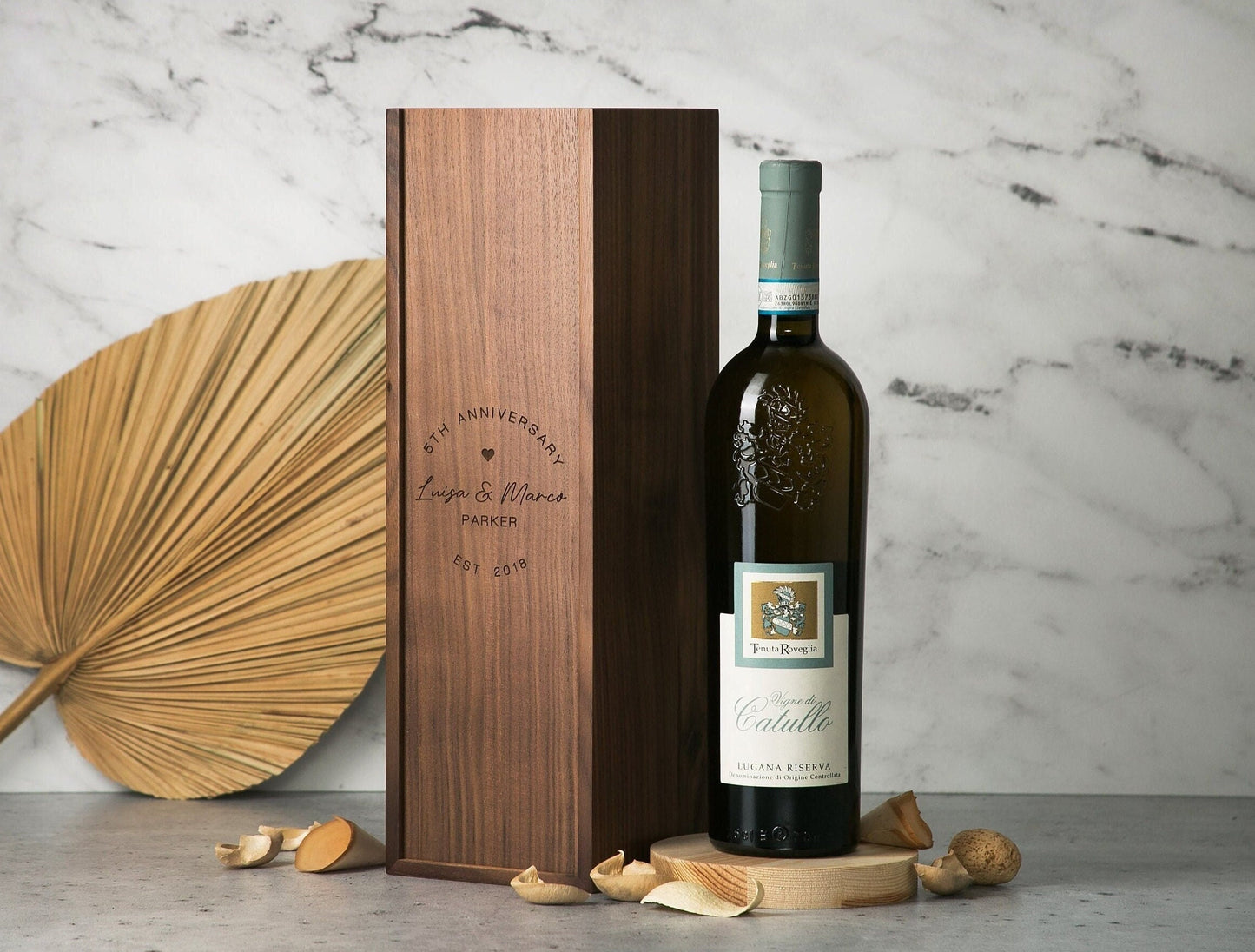 Wood Wine Box (Design 5) - Vertical 5th Wedding Anniversary Gift Box for Husband Wife Couple Wine Bottle Case for Teacher Appreciation
