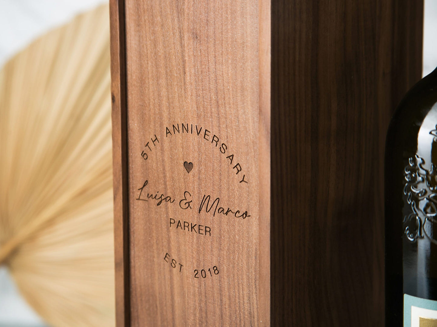 Wood Wine Box (Design 5) - Vertical 5th Wedding Anniversary Gift Box for Husband Wife Couple Wine Bottle Case for Teacher Appreciation