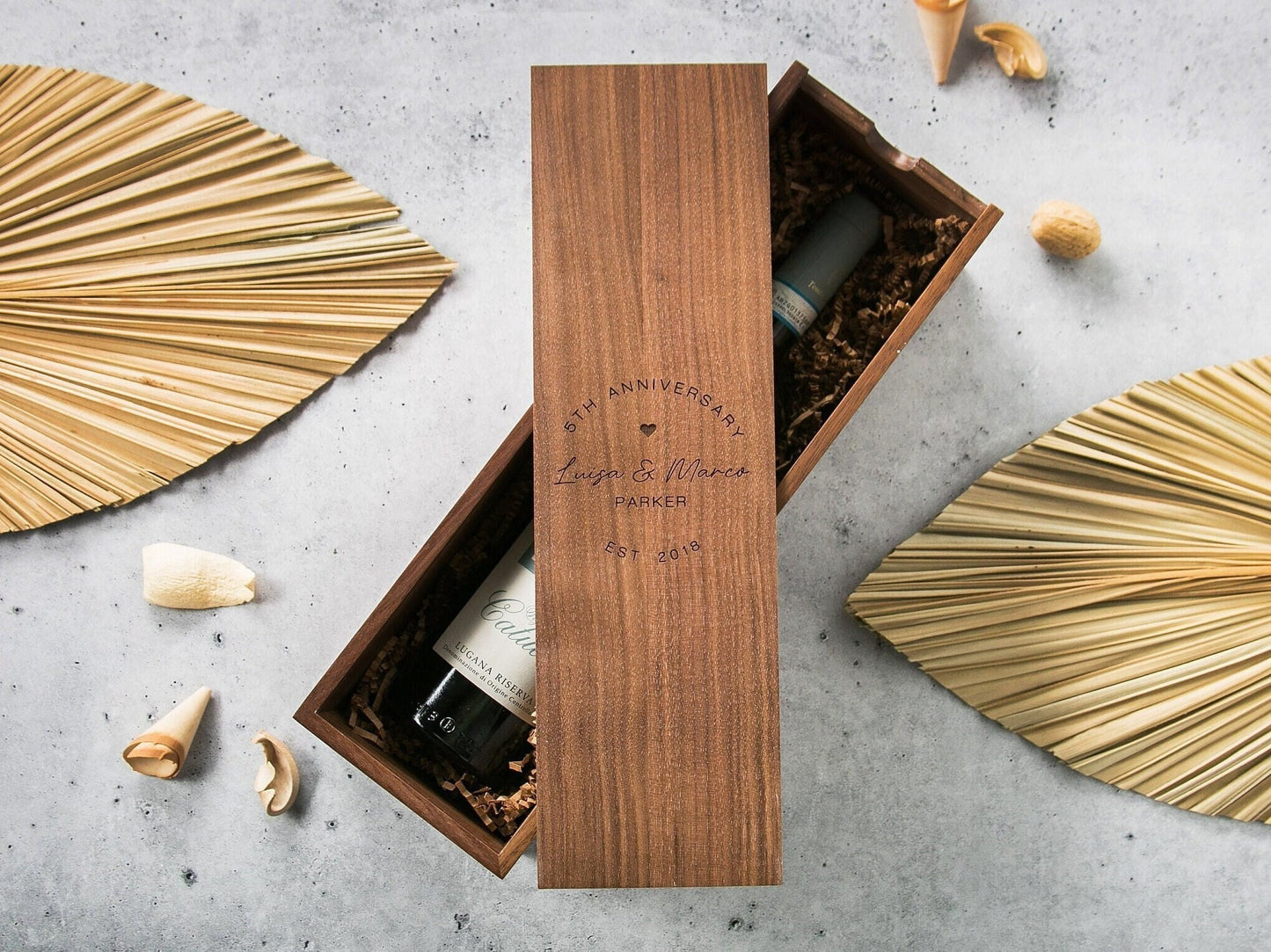 Wood Wine Box (Design 5) - Vertical 5th Wedding Anniversary Gift Box for Husband Wife Couple Wine Bottle Case for Teacher Appreciation