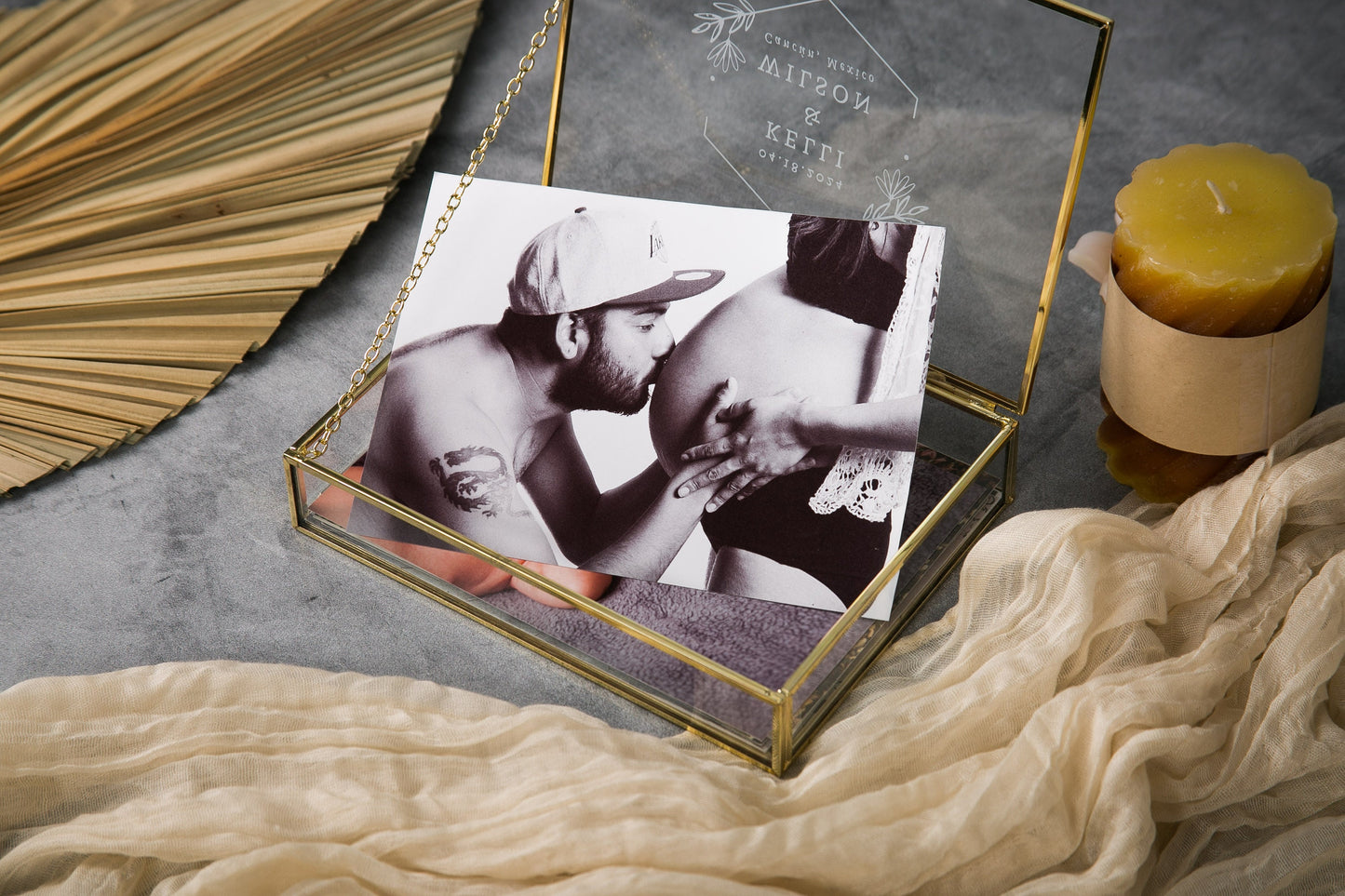 5x7" Gold Glass Photo Box - Baby Picture Keepsake Box with Optional Photo Mats, Personalized First Baby Shower Milestone Gift for Mom & Dad